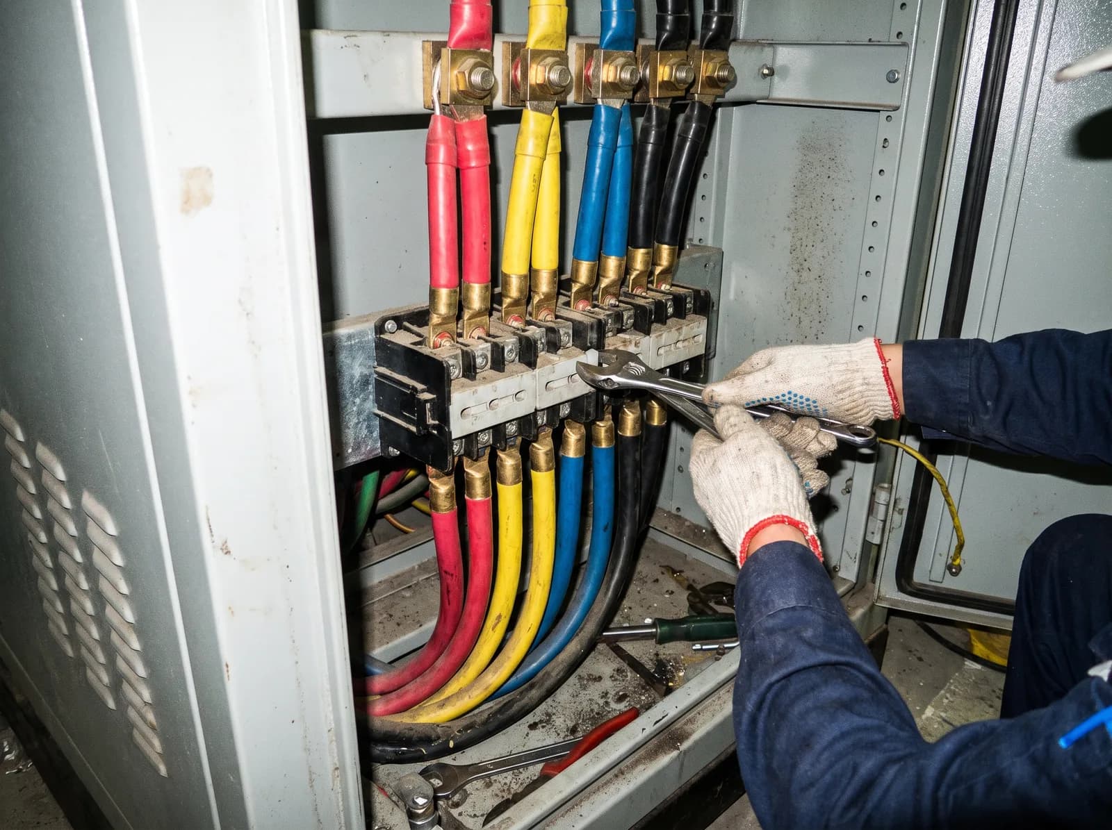 Monteur werkt aan een krachtstroom 3 fase aansluiting