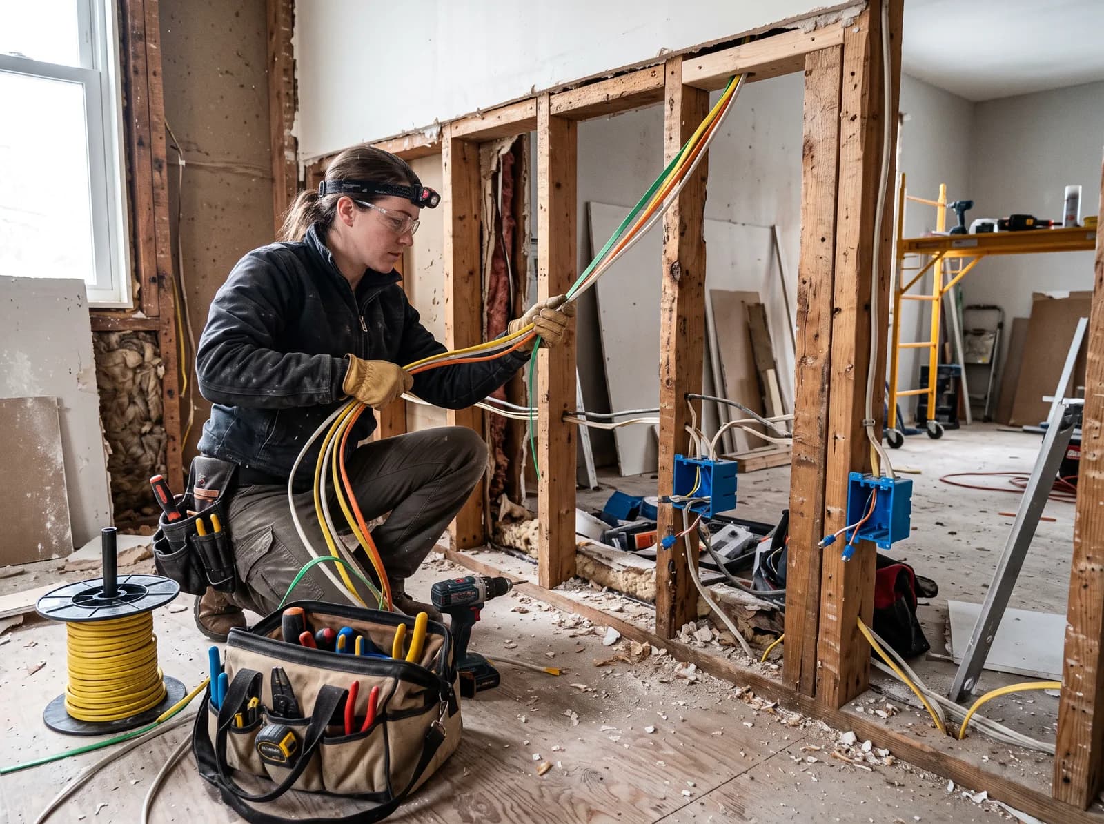 Elektricien trekt nieuwe bedrading tijdens een woningrenovatie