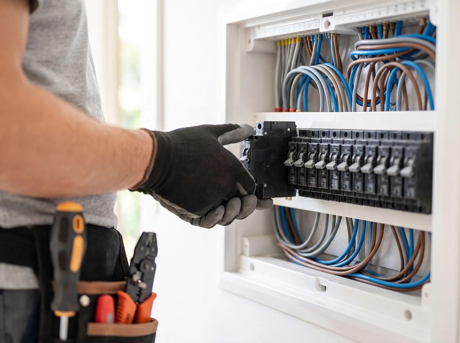 Elektricien plaatst nieuwe installatieautomaten in een groepenkast