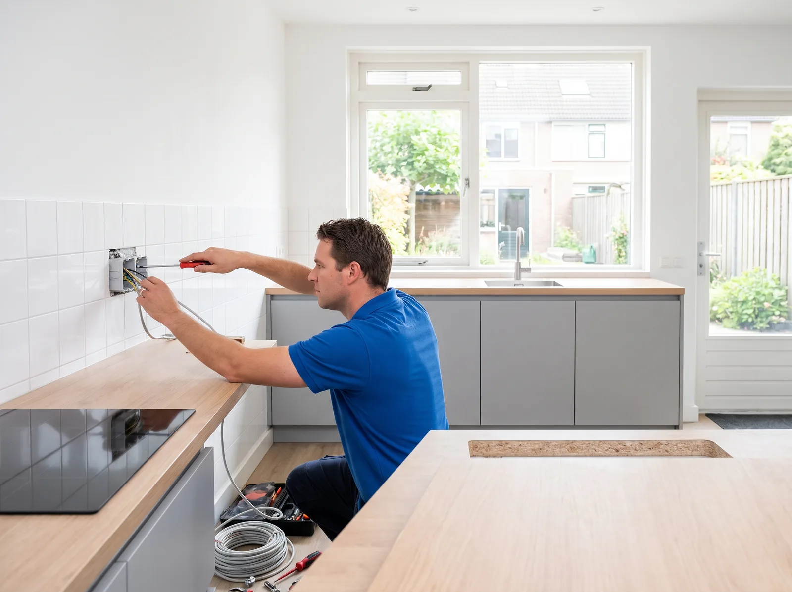 Monteur sluit een kookgroep aan in een moderne keuken