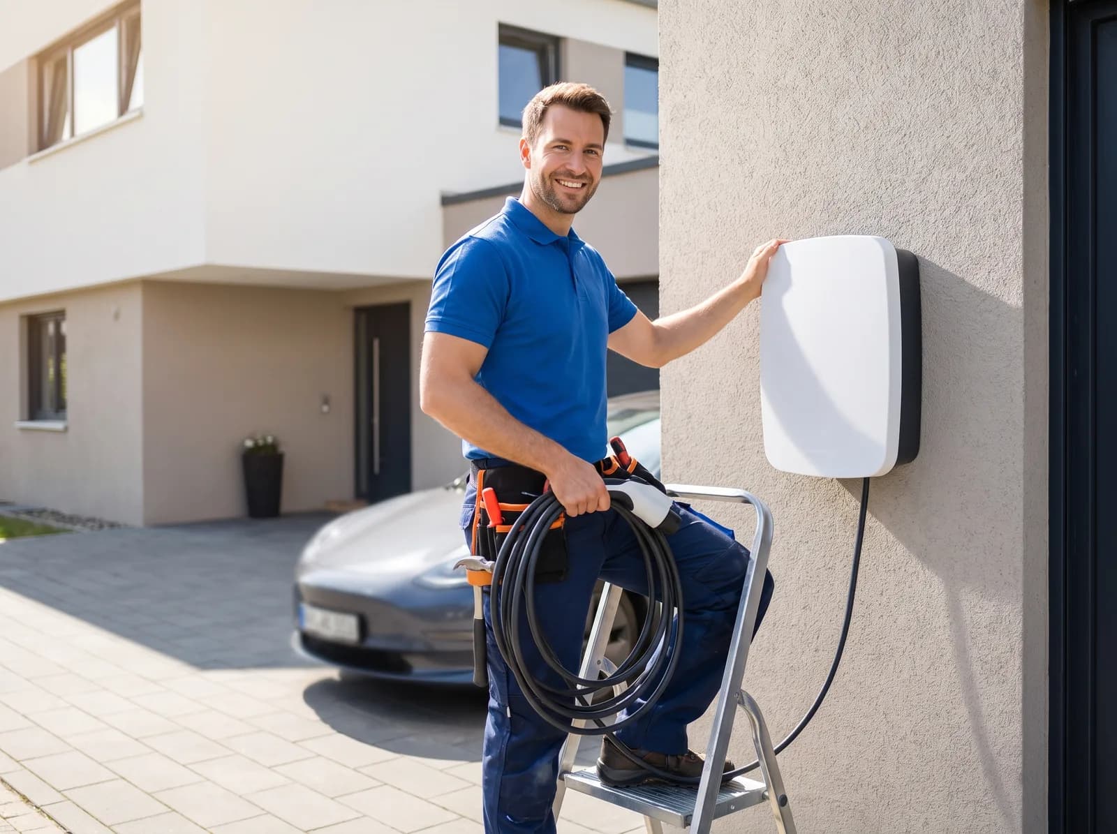 Elektricien installeert een laadpaal voor een elektrische auto