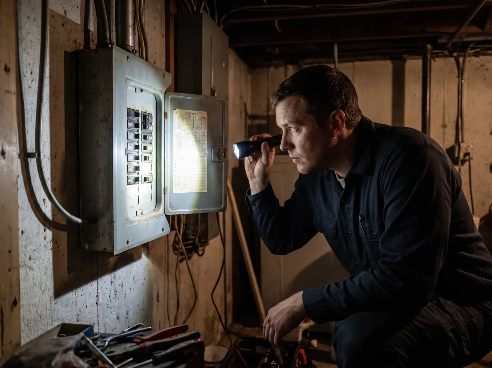 Elektricien zoekt met een zaklamp een storing op in de meterkast