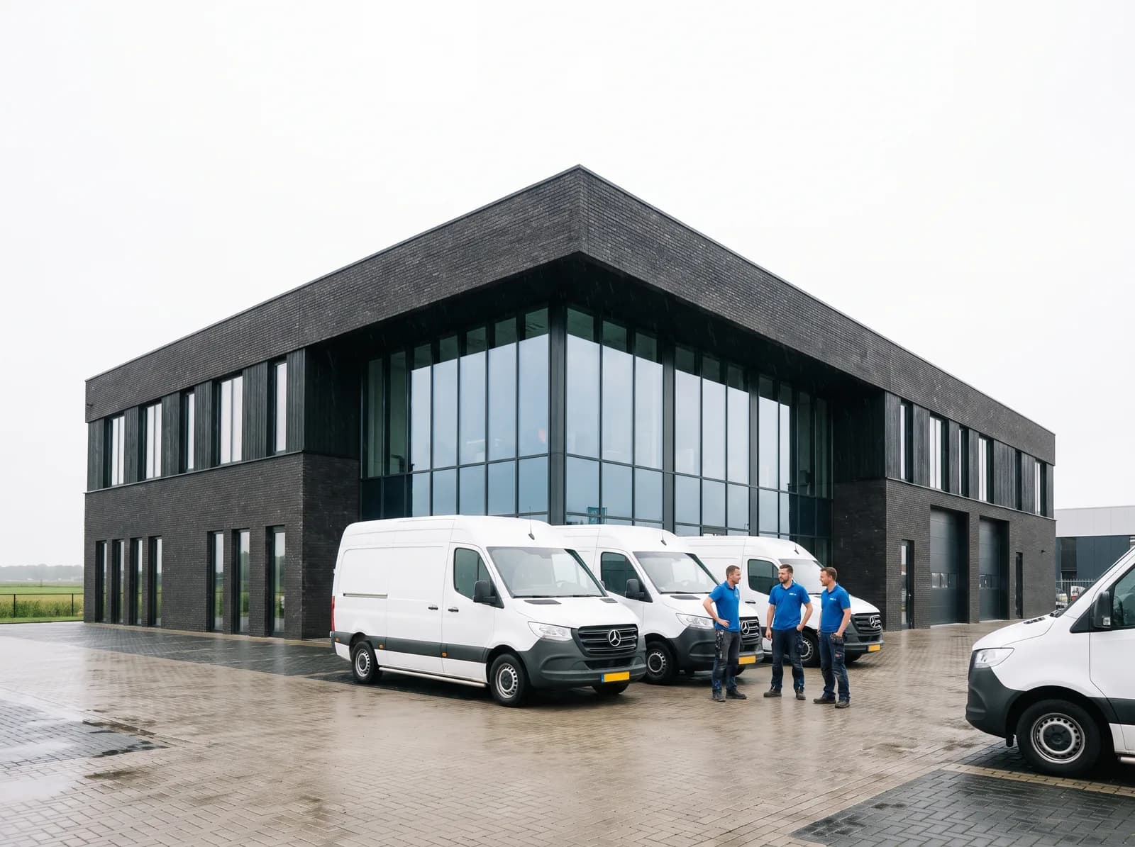 Het bedrijfspand van Elektricien Erkend met servicebussen